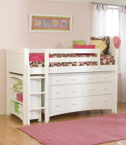 Essex Cottage Low Twin Loft Bed with Dresser and Bookcase in White Finish contemporary kids room furniture