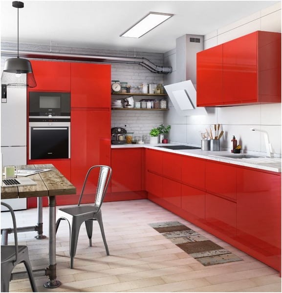 Red cabinets microwave kitchen appliance