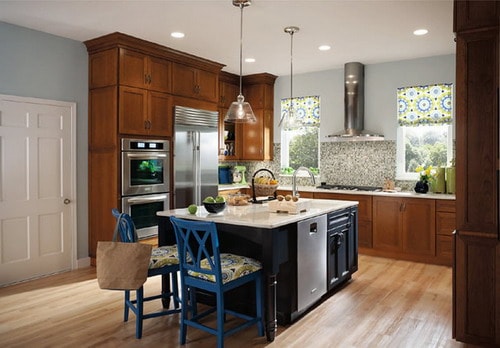 Blue-Chairs-Black-Island-Wooden-Cabinets-Traditional-Kitchen-Ideas-by-Kitchen-Cabinet-Kings