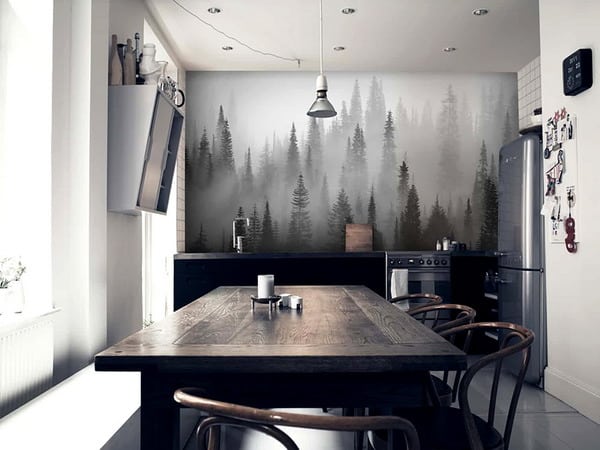 Wall murals in the kitchen: how to beat the interior in a moody room