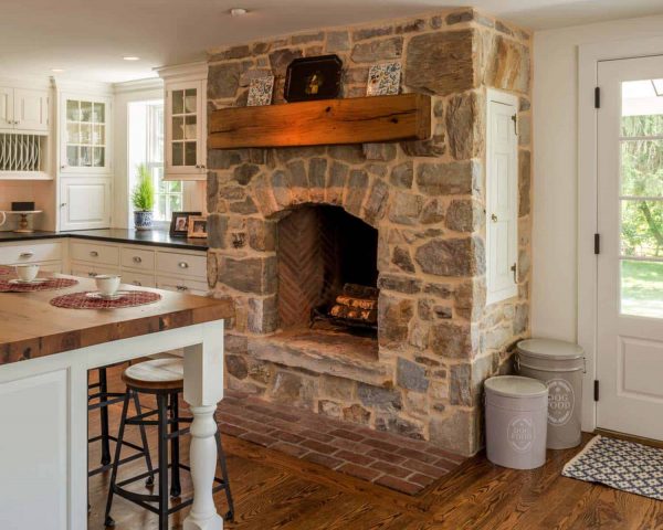 Kitchen Showcasing Cozy Fireplace