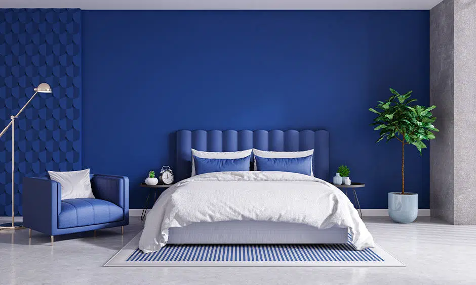 dark blue and white bedroom